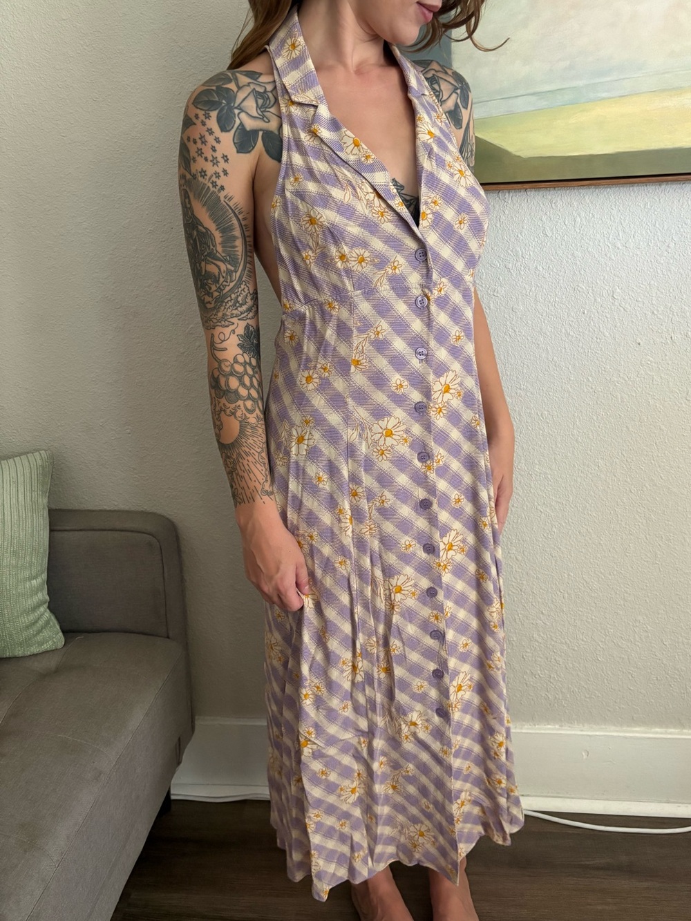 Urban Outfitters Lavender Gingham Daisy Button-Front Maxi Dress